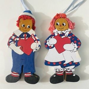 Vintage Raggedy Ann & Raggedy Andy Heart Love Hanging Wooden Ornaments